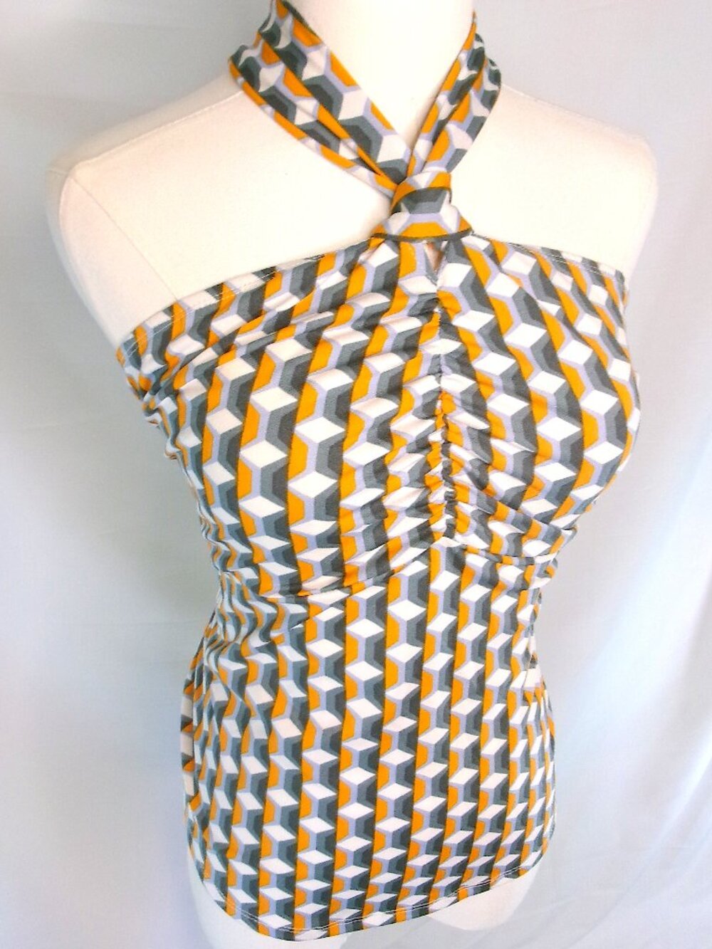 Ava Rose Retro Geometric Halter Top Medium Y2K Ruched Stretch Tube Top Mod Print